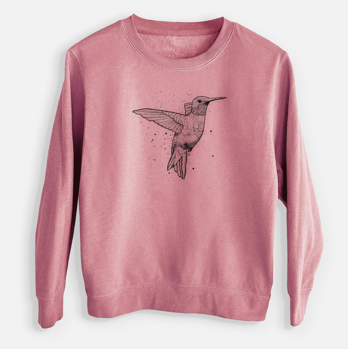 Mauve pink youth crewneck sweatshirt laid flat, printed with a black ink sketch of a ruby-throated hummingbird hovering with its wings raised.