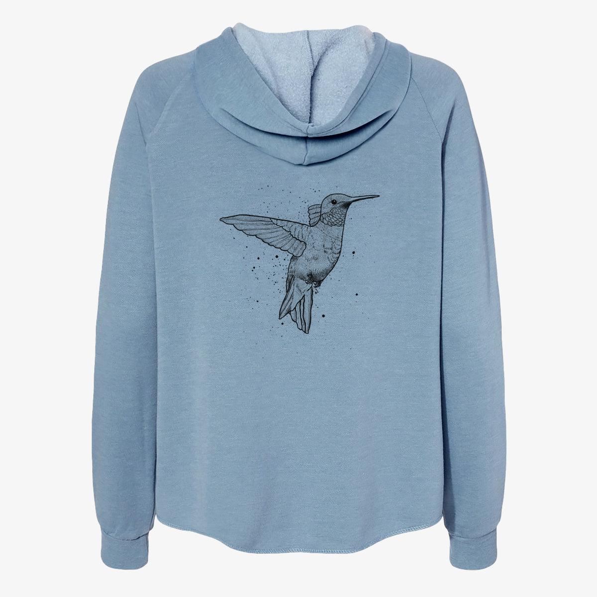 Misty blue women's Cali Wave zip-up sweatshirt laid flat, printed with a black ink sketch of a ruby-throated hummingbird hovering with its wings raised.