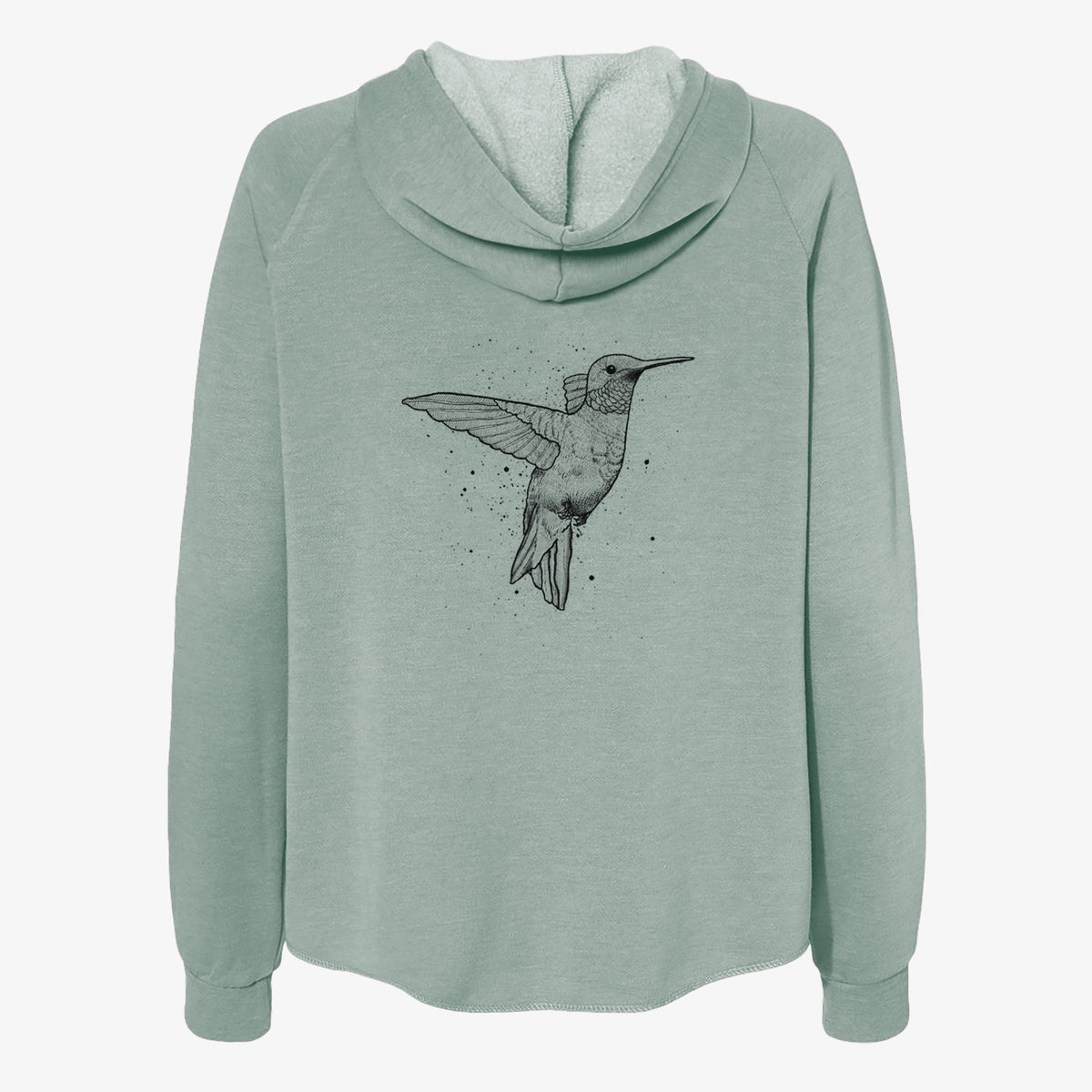 Sage green women's Cali Wave zip-up sweatshirt laid flat, printed with a black ink sketch of a ruby-throated hummingbird hovering with its wings raised.