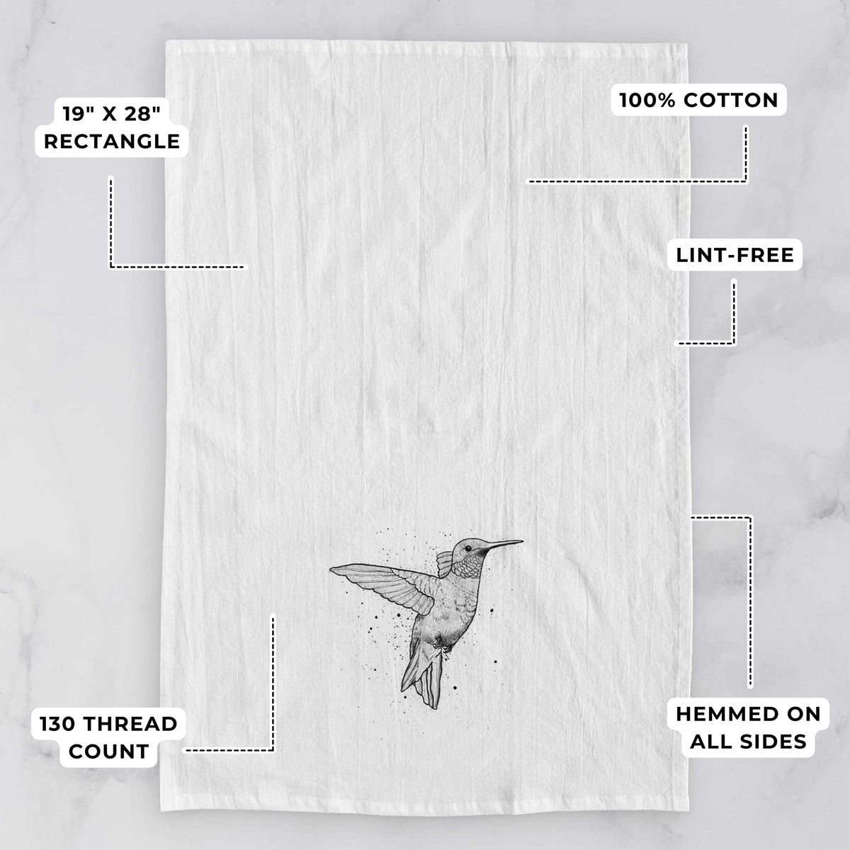 White tea towel printed with a black ink sketch of a ruby-throated hummingbird hovering with its wings raised, with feature labels: 19 by 28 inch rectangle, 100% cotton, lint-free, 130 thread count, hemmed on all sides.