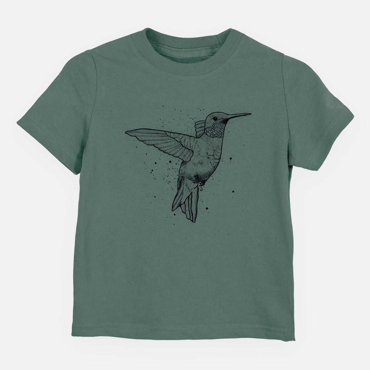 Basil green toddler t-shirt laid flat, printed with a black ink sketch of a ruby-throated hummingbird hovering with its wings raised.