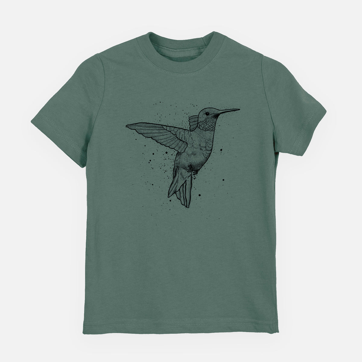 Basil green youth t-shirt laid flat, printed with a black ink sketch of a ruby-throated hummingbird hovering with its wings raised.