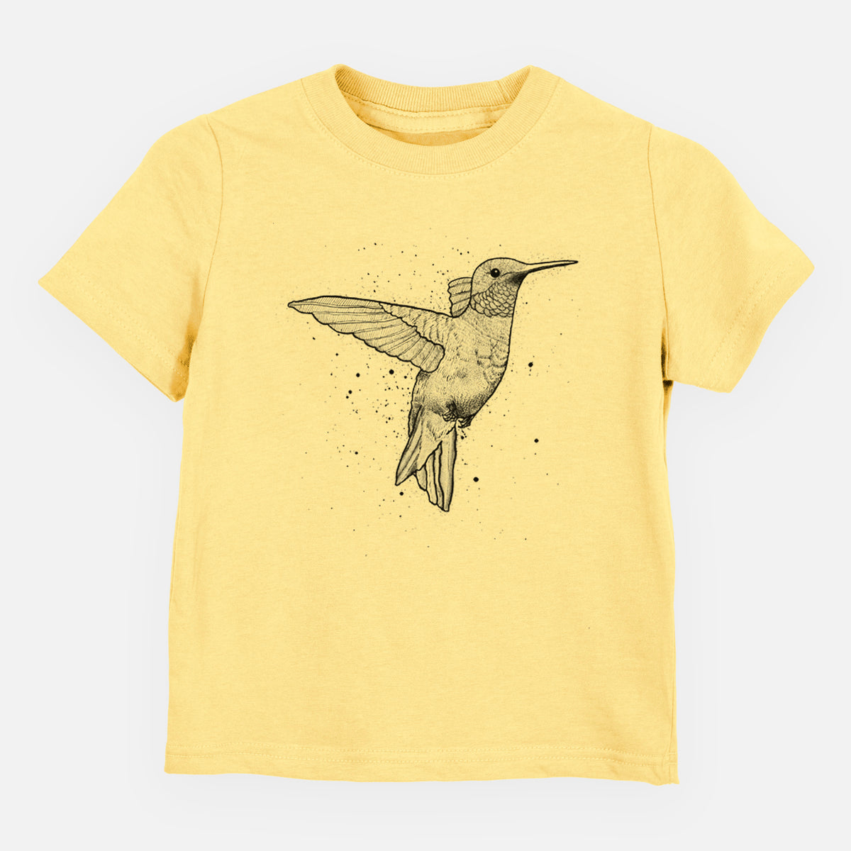 Butter yellow toddler t-shirt laid flat, printed with a black ink sketch of a ruby-throated hummingbird hovering with its wings raised.