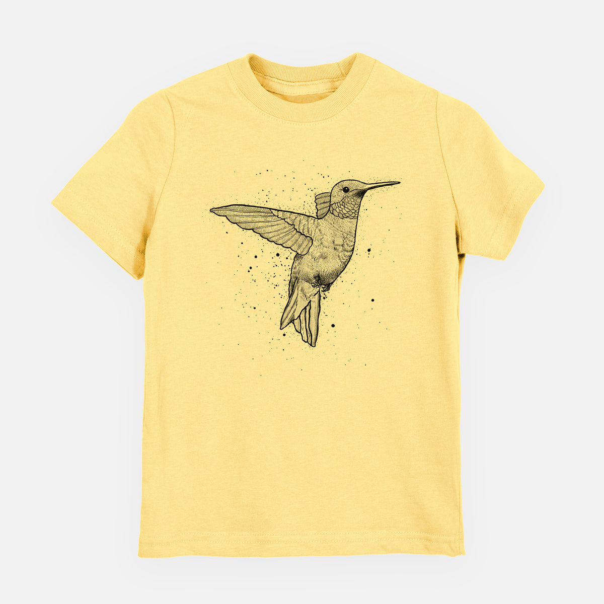 Butter yellow youth t-shirt laid flat, printed with a black ink sketch of a ruby-throated hummingbird hovering with its wings raised.