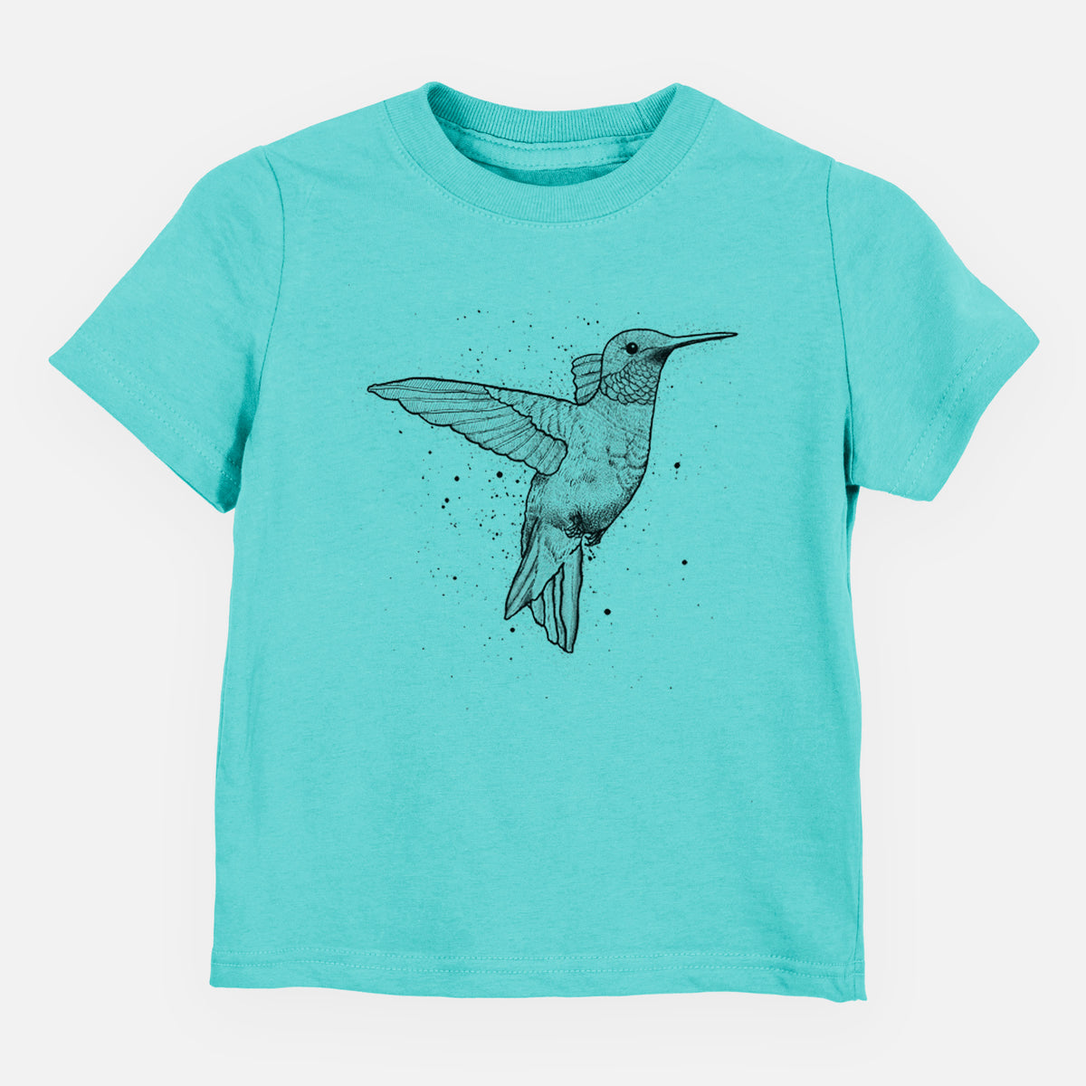Caribbean blue toddler t-shirt laid flat, printed with a black ink sketch of a ruby-throated hummingbird hovering with its wings raised.