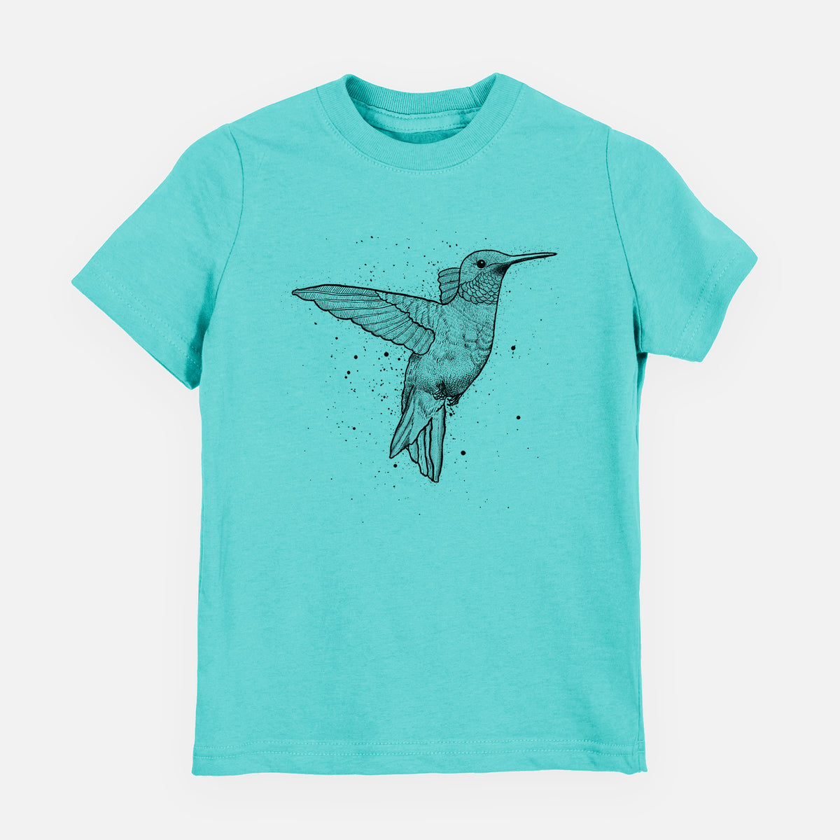 Caribbean blue youth t-shirt laid flat, printed with a black ink sketch of a ruby-throated hummingbird hovering with its wings raised.