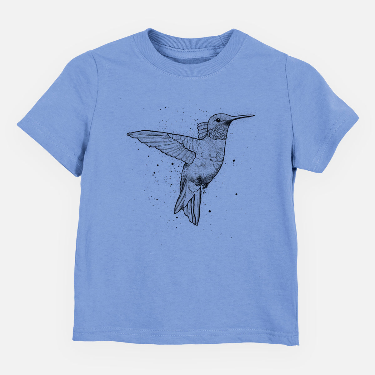 Carolina blue toddler t-shirt laid flat, printed with a black ink sketch of a ruby-throated hummingbird hovering with its wings raised.