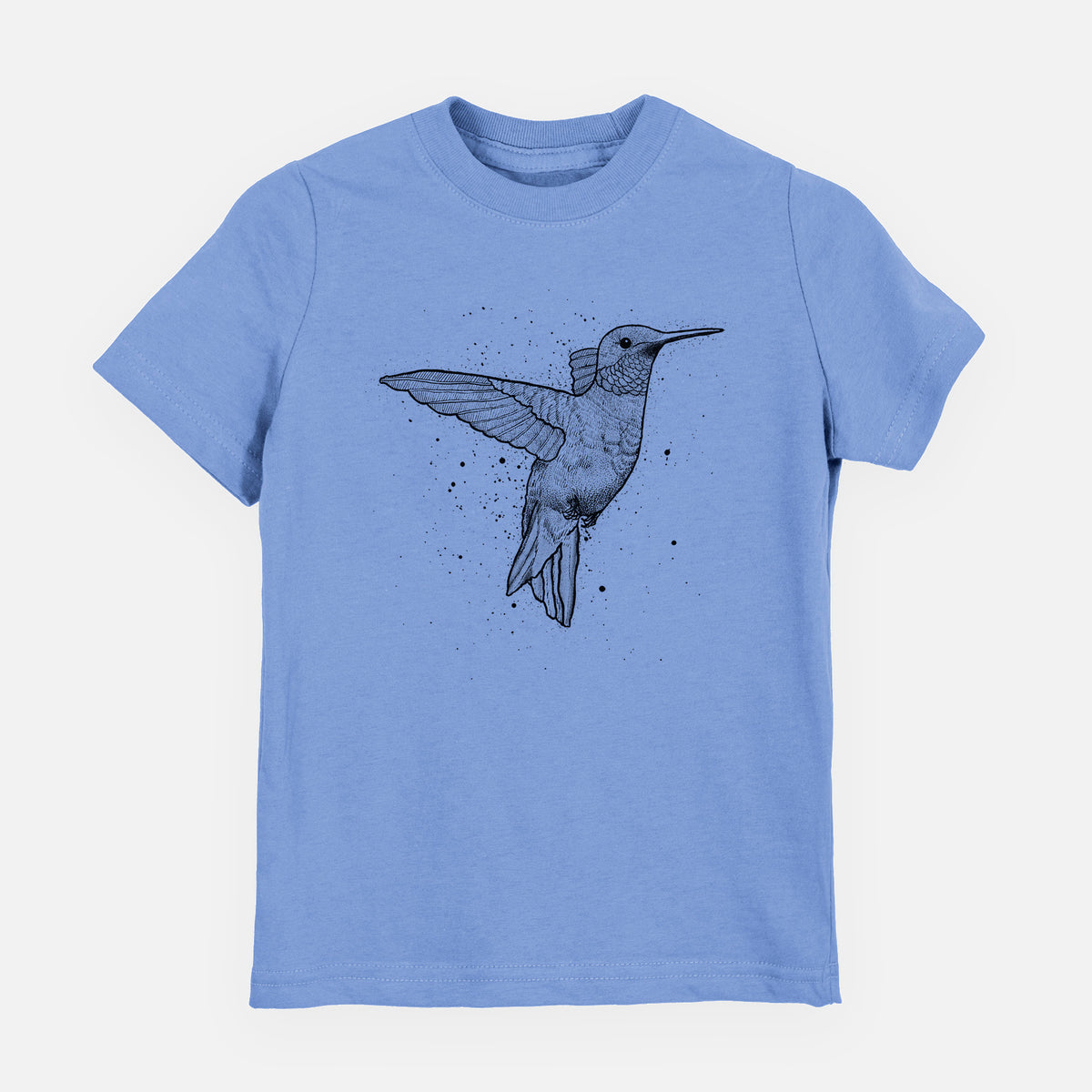 Carolina blue youth t-shirt laid flat, printed with a black ink sketch of a ruby-throated hummingbird hovering with its wings raised.