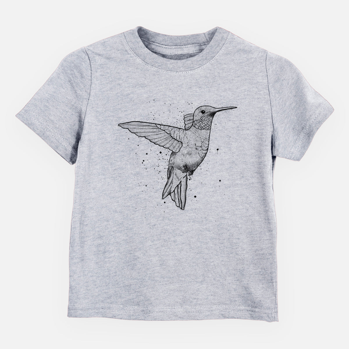 Heather grey toddler t-shirt laid flat, printed with a black ink sketch of a ruby-throated hummingbird hovering with its wings raised.