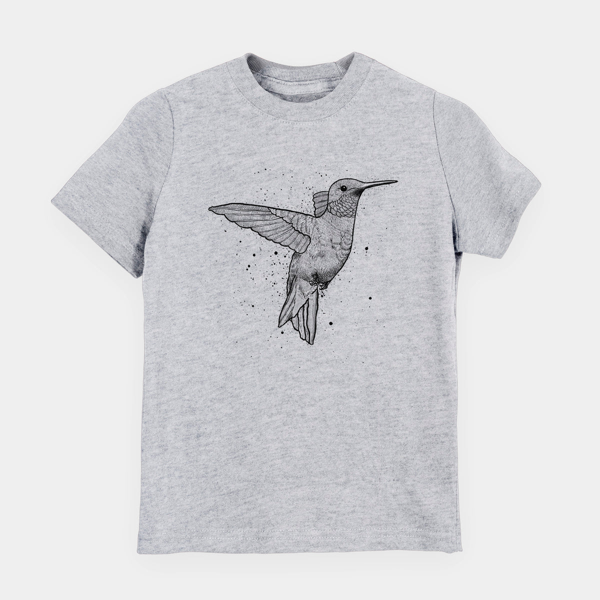 Heather grey youth t-shirt laid flat, printed with a black ink sketch of a ruby-throated hummingbird hovering with its wings raised.