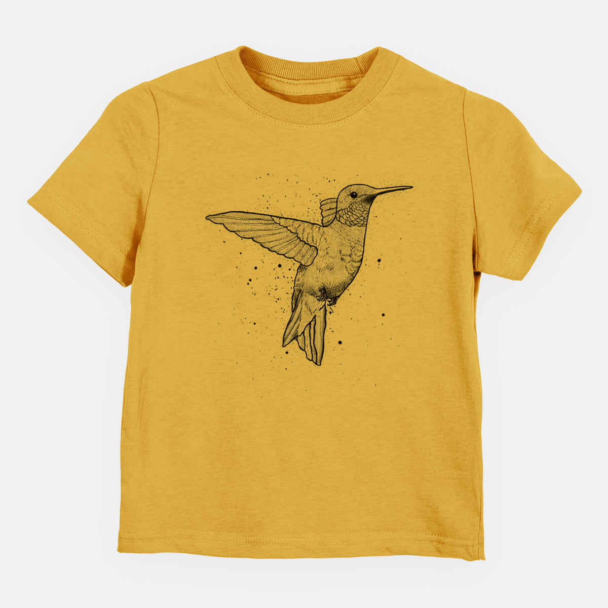 Honeycomb yellow toddler t-shirt laid flat, printed with a black ink sketch of a ruby-throated hummingbird hovering with its wings raised.