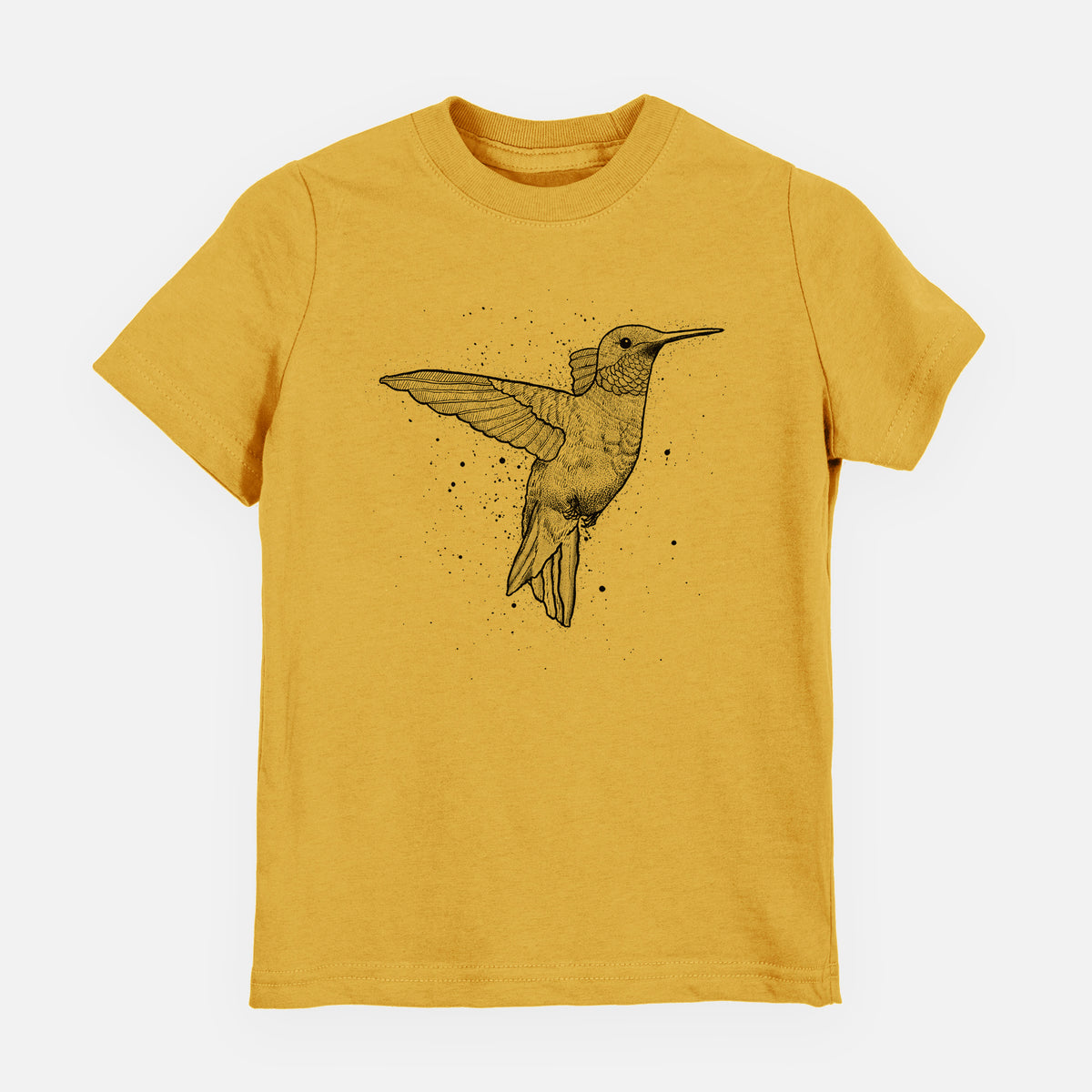 Honeycomb yellow youth t-shirt laid flat, printed with a black ink sketch of a ruby-throated hummingbird hovering with its wings raised.