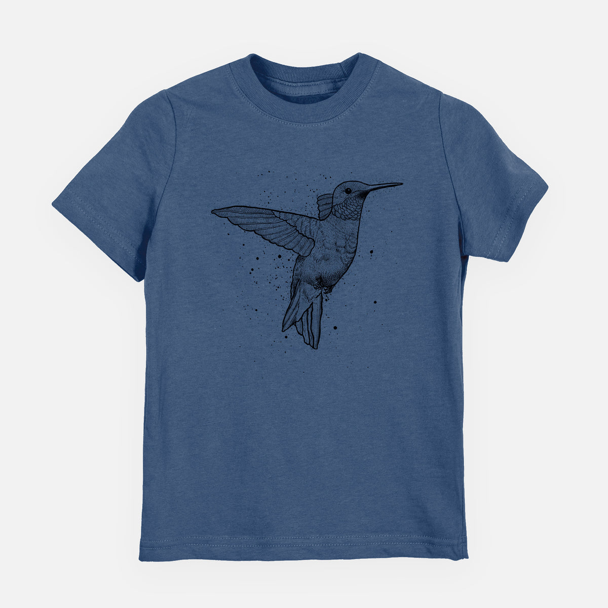 Indigo blue youth t-shirt laid flat, printed with a black ink sketch of a ruby-throated hummingbird hovering with its wings raised.