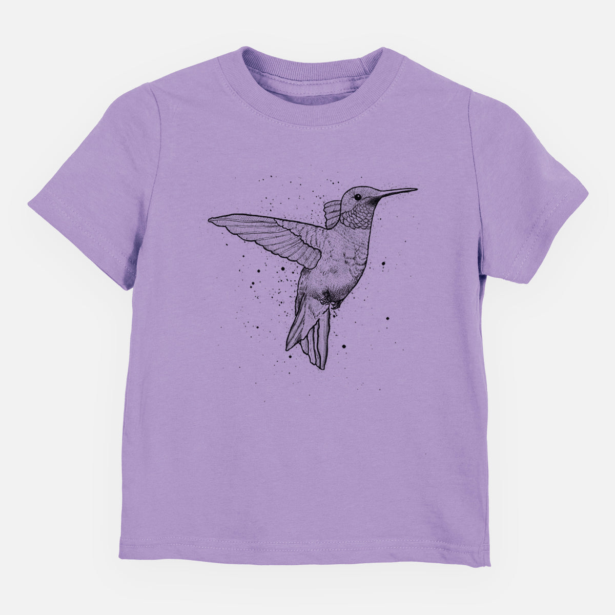 Lavender toddler t-shirt laid flat, printed with a black ink sketch of a ruby-throated hummingbird hovering with its wings raised.