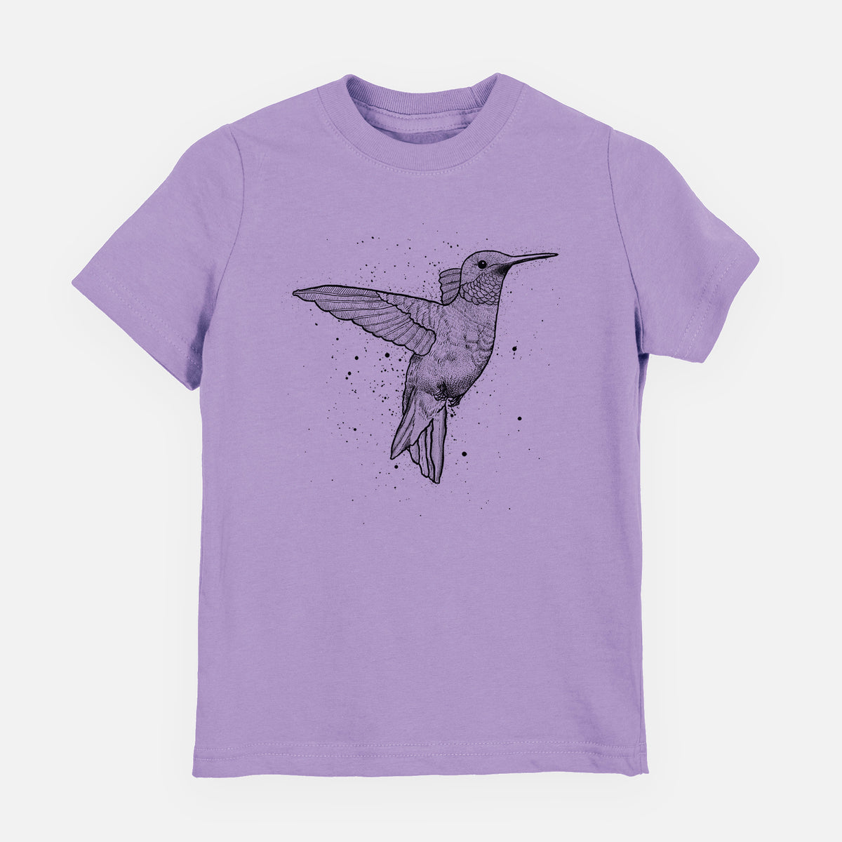 Lavender youth t-shirt laid flat, printed with a black ink sketch of a ruby-throated hummingbird hovering with its wings raised.