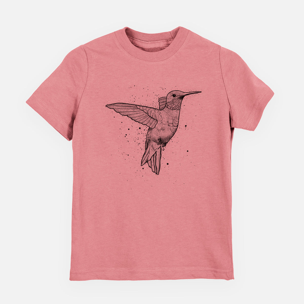 Mauve pink youth t-shirt laid flat, printed with a black ink sketch of a ruby-throated hummingbird hovering with its wings raised.