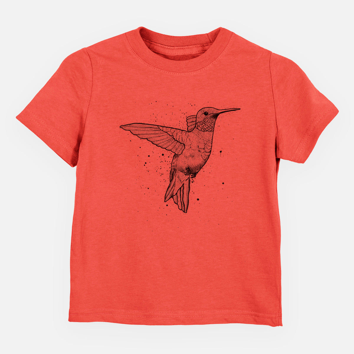 Passionfruit pink toddler t-shirt laid flat, printed with a black ink sketch of a ruby-throated hummingbird hovering with its wings raised.