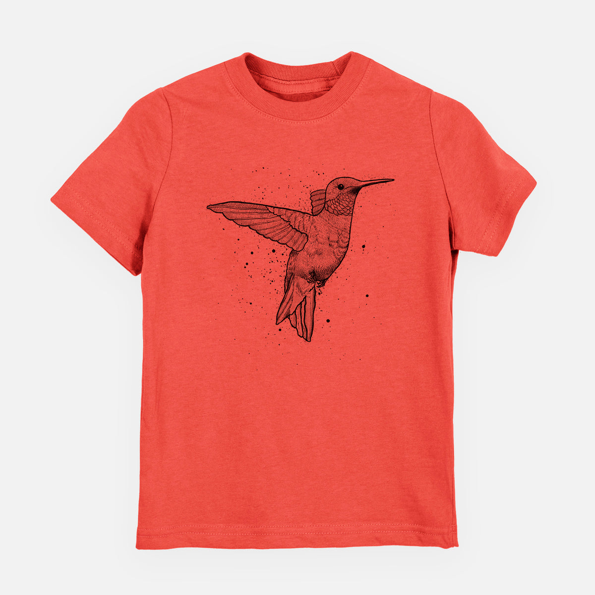 Passionfruit pink youth t-shirt laid flat, printed with a black ink sketch of a ruby-throated hummingbird hovering with its wings raised.