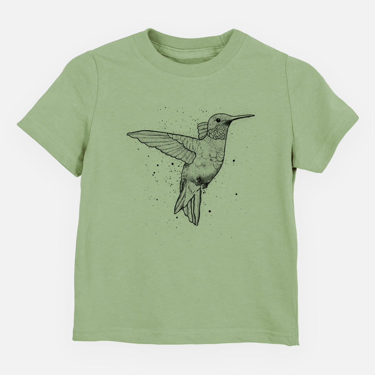 Sage green toddler t-shirt laid flat, printed with a black ink sketch of a ruby-throated hummingbird hovering with its wings raised.