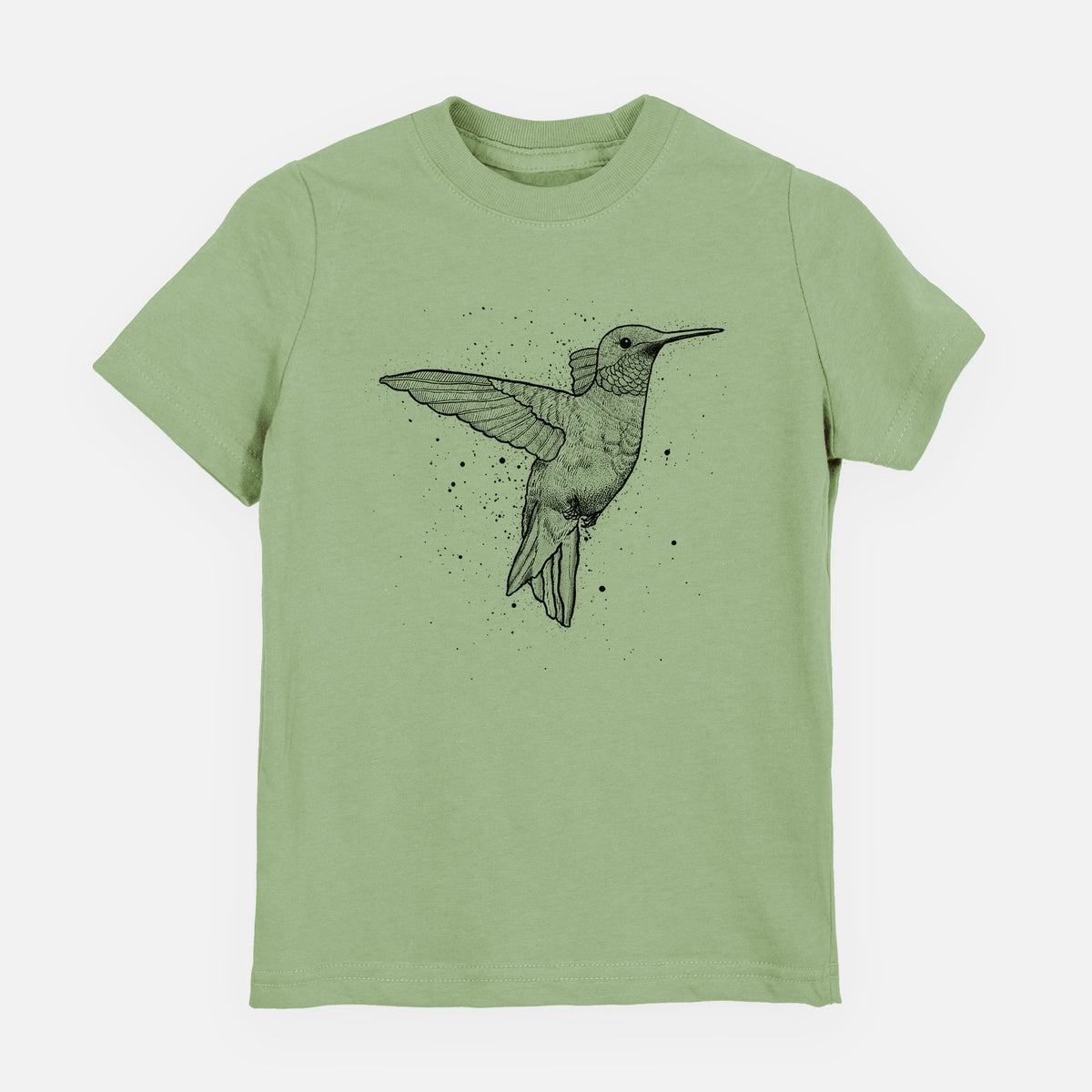 Sage green youth t-shirt laid flat, printed with a black ink sketch of a ruby-throated hummingbird hovering with its wings raised.