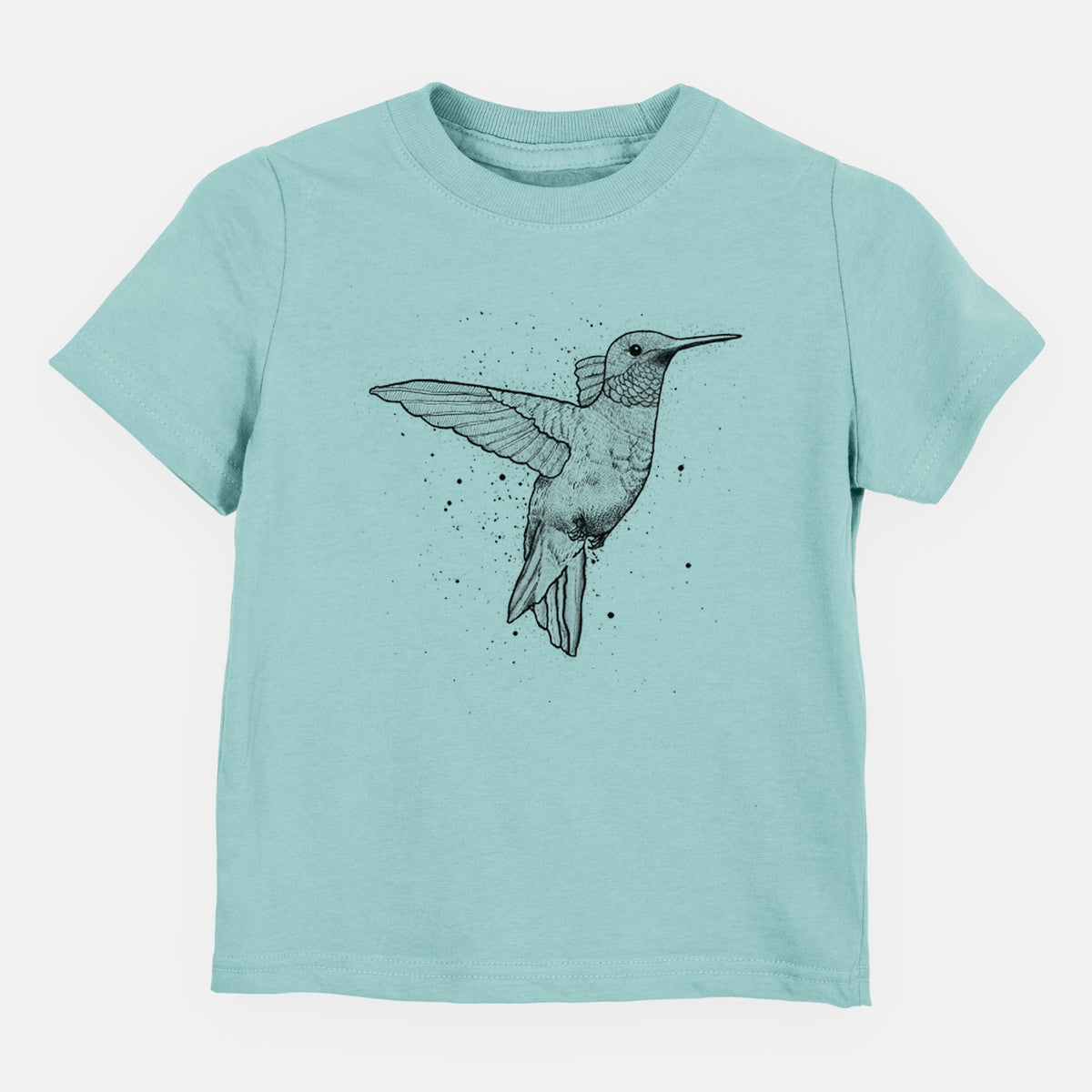 Saltwater toddler t-shirt laid flat, printed with a black ink sketch of a ruby-throated hummingbird hovering with its wings raised.