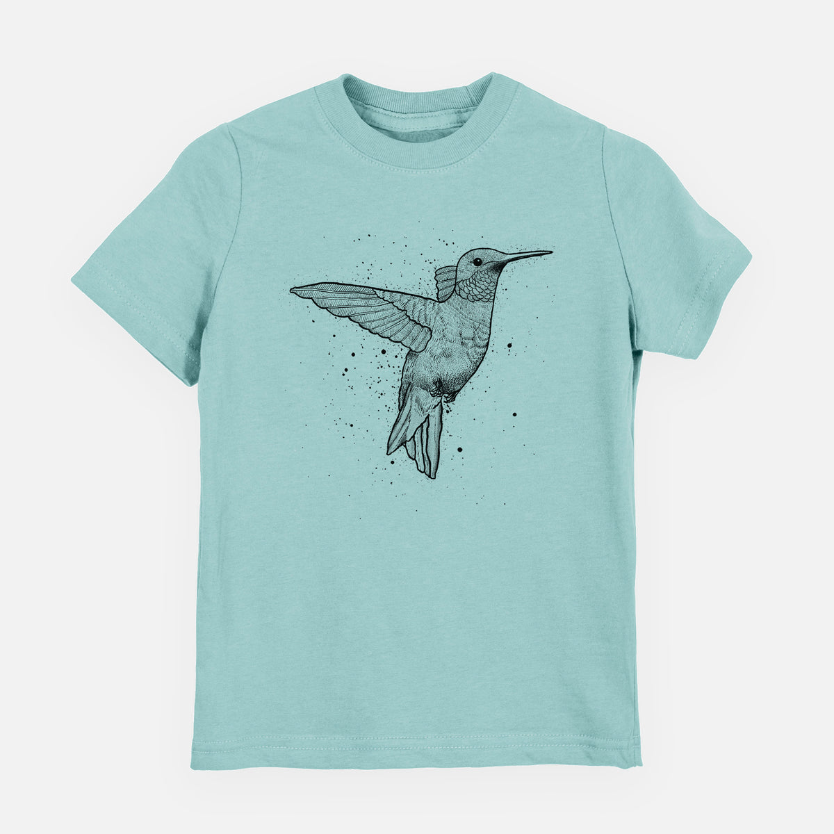 Saltwater youth t-shirt laid flat, printed with a black ink sketch of a ruby-throated hummingbird hovering with its wings raised.