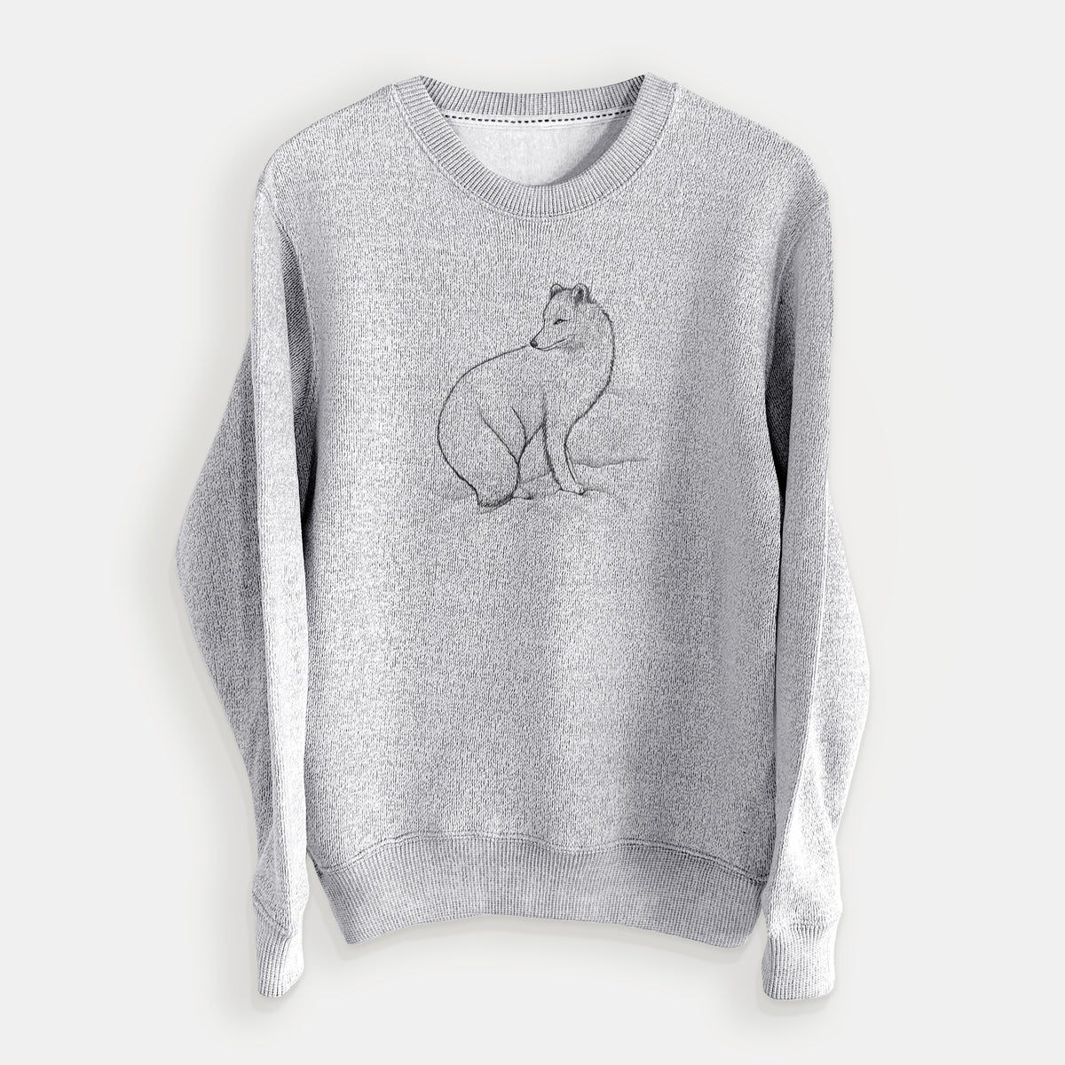 Salt and pepper knit sweatshirt laid flat, printed with a black ink illustration of an arctic fox sitting in the snow.