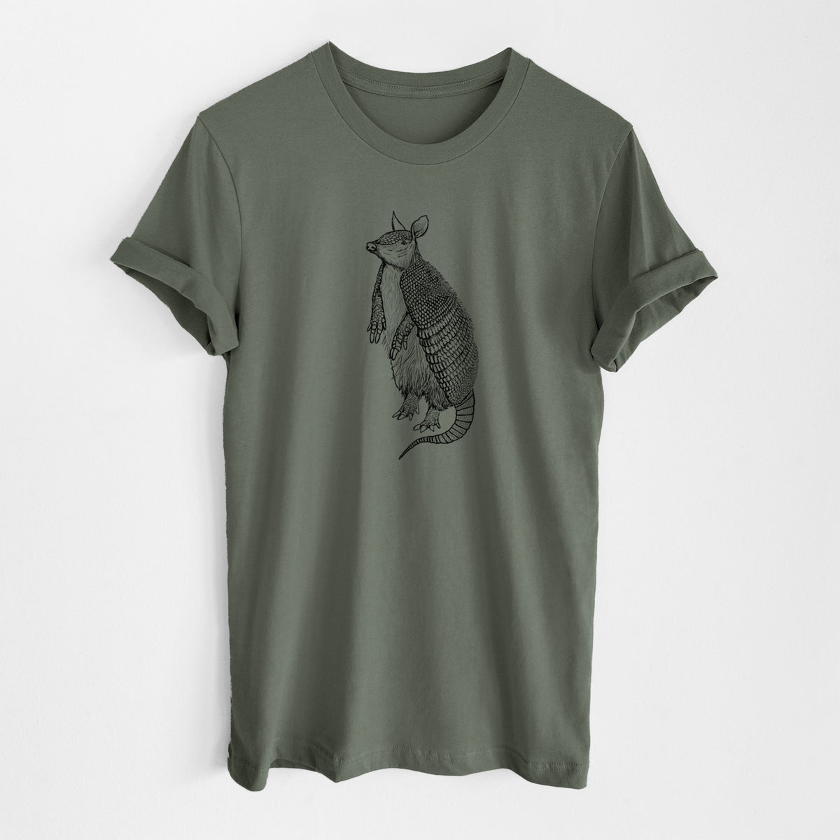 Military green lightweight cotton t-shirt laid flat, printed with a black ink illustration of a nine-banded armadillo standing upright.