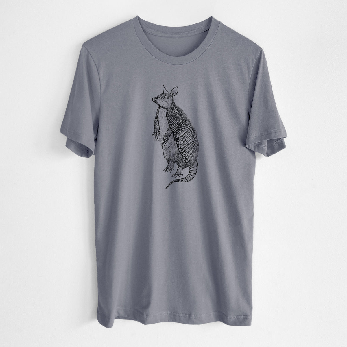 Storm grey lightweight cotton t-shirt laid flat, printed with a black ink illustration of a nine-banded armadillo standing upright.