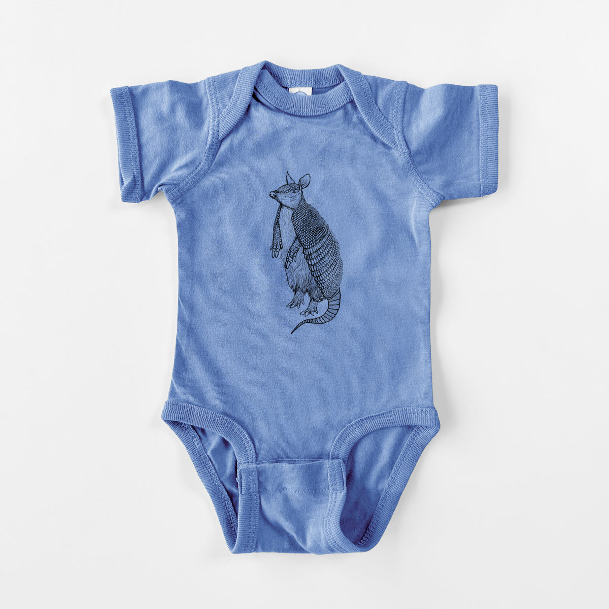 Carolina blue baby bodysuit laid flat, printed with a black ink illustration of a nine-banded armadillo standing upright.