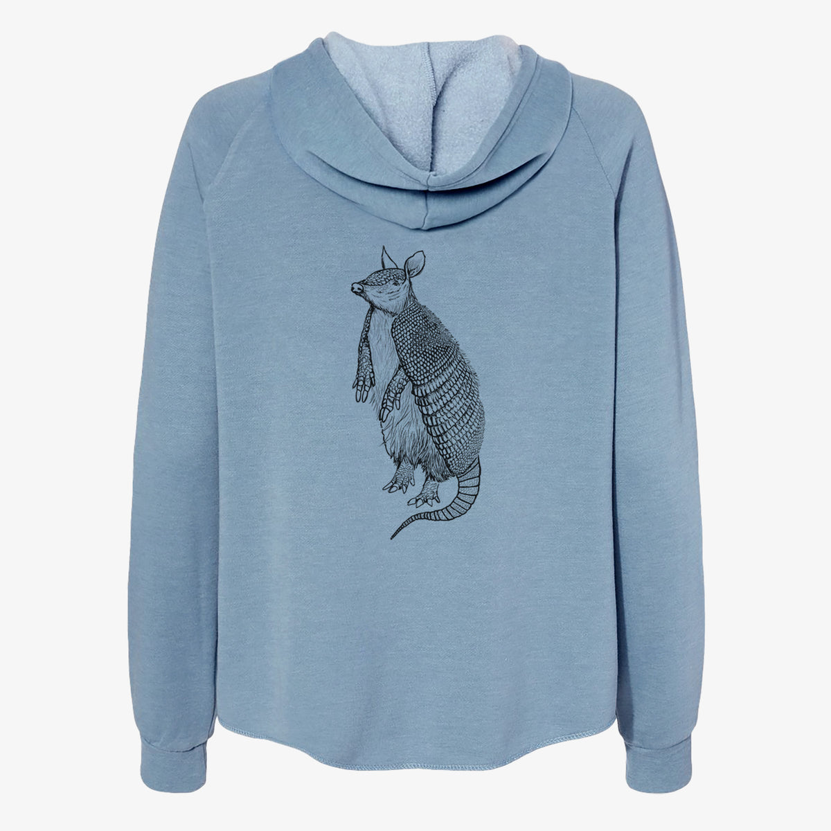 Misty blue women's Cali Wave zip-up sweatshirt laid flat, printed with a black ink illustration of a nine-banded armadillo standing upright.
