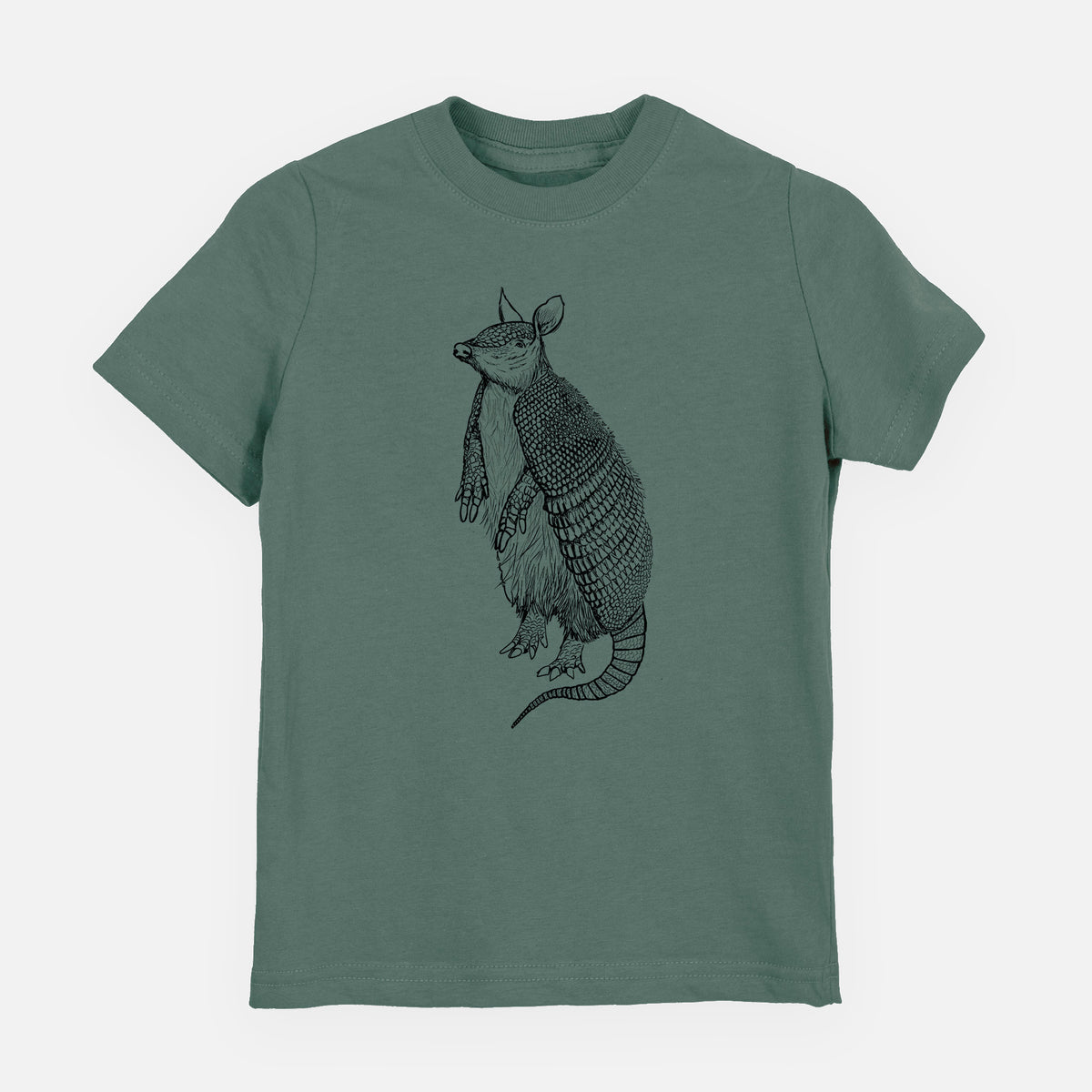 Basil green youth t-shirt laid flat, printed with a black ink illustration of a nine-banded armadillo standing upright.