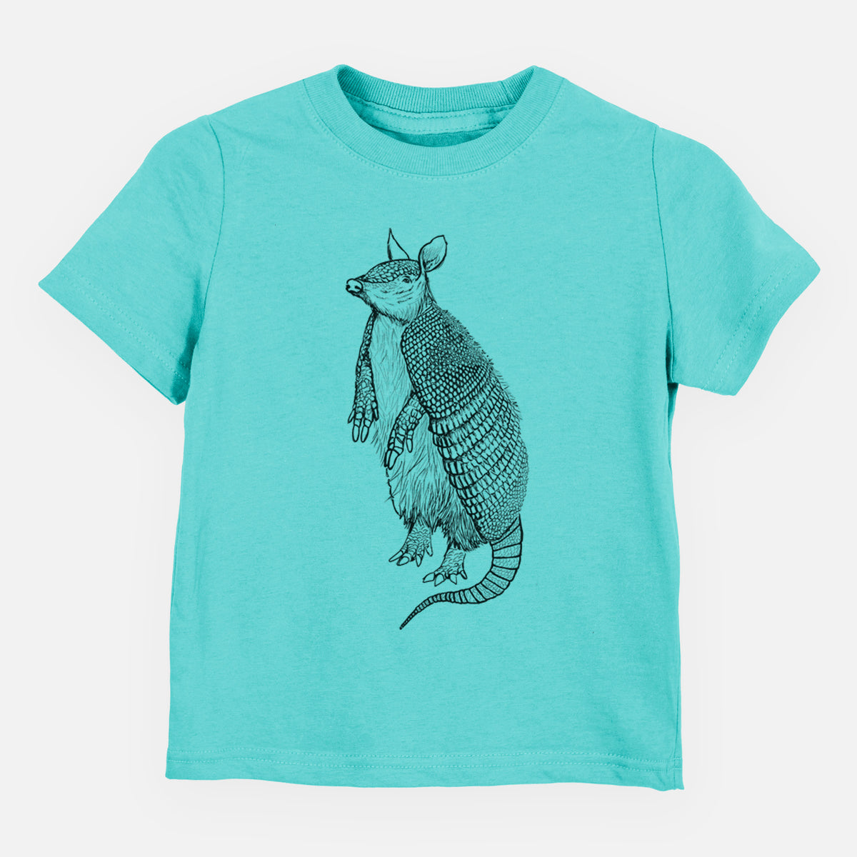 Caribbean blue toddler t-shirt laid flat, printed with a black ink illustration of a nine-banded armadillo standing upright.
