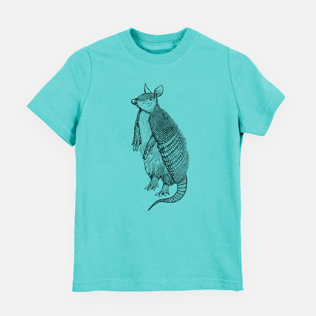 Caribbean blue youth t-shirt laid flat, printed with a black ink illustration of a nine-banded armadillo standing upright.