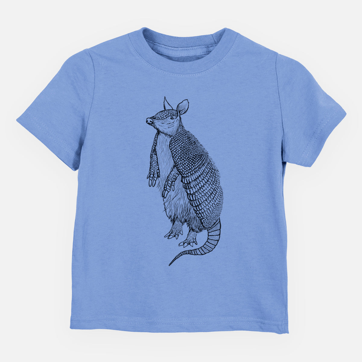 Carolina blue toddler t-shirt laid flat, printed with a black ink illustration of a nine-banded armadillo standing upright.