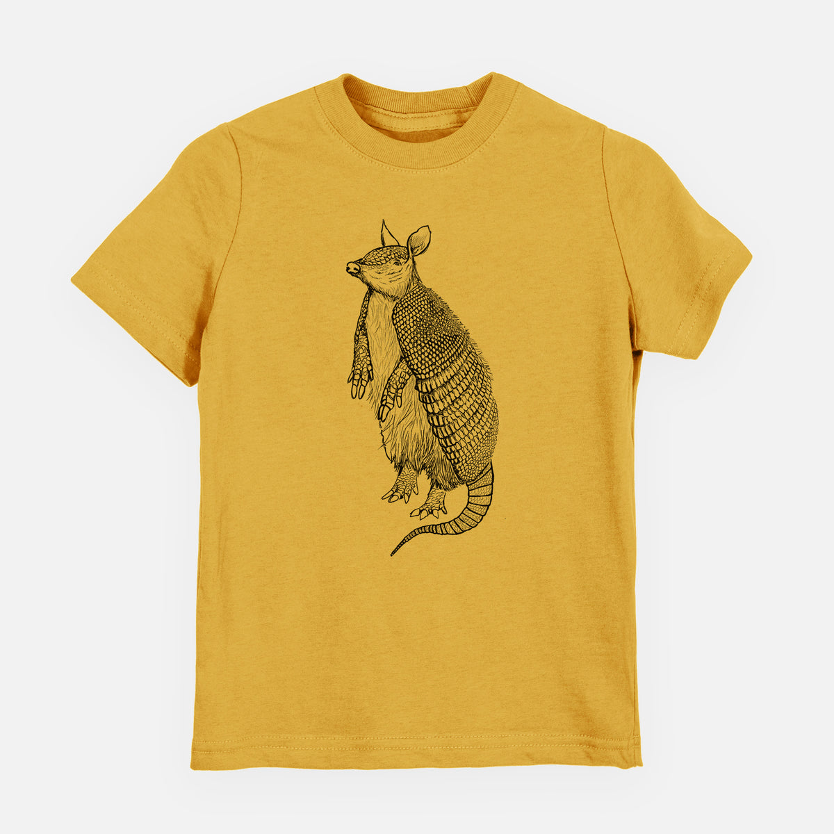 Honeycomb yellow youth t-shirt laid flat, printed with a black ink illustration of a nine-banded armadillo standing upright.