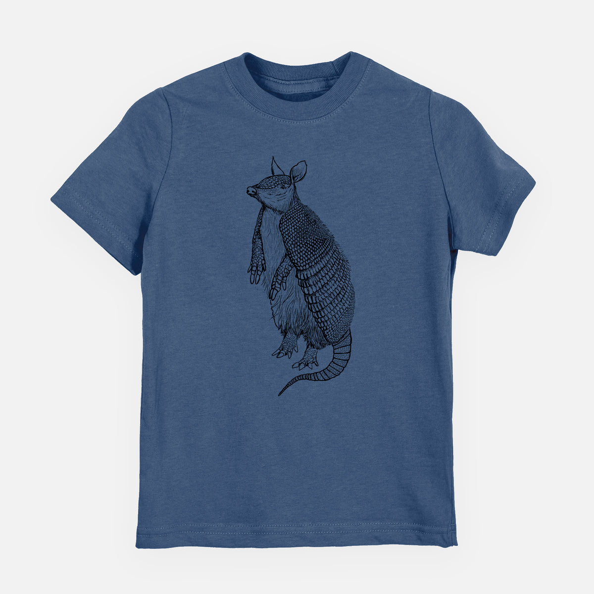 Indigo blue youth t-shirt laid flat, printed with a black ink illustration of a nine-banded armadillo standing upright.