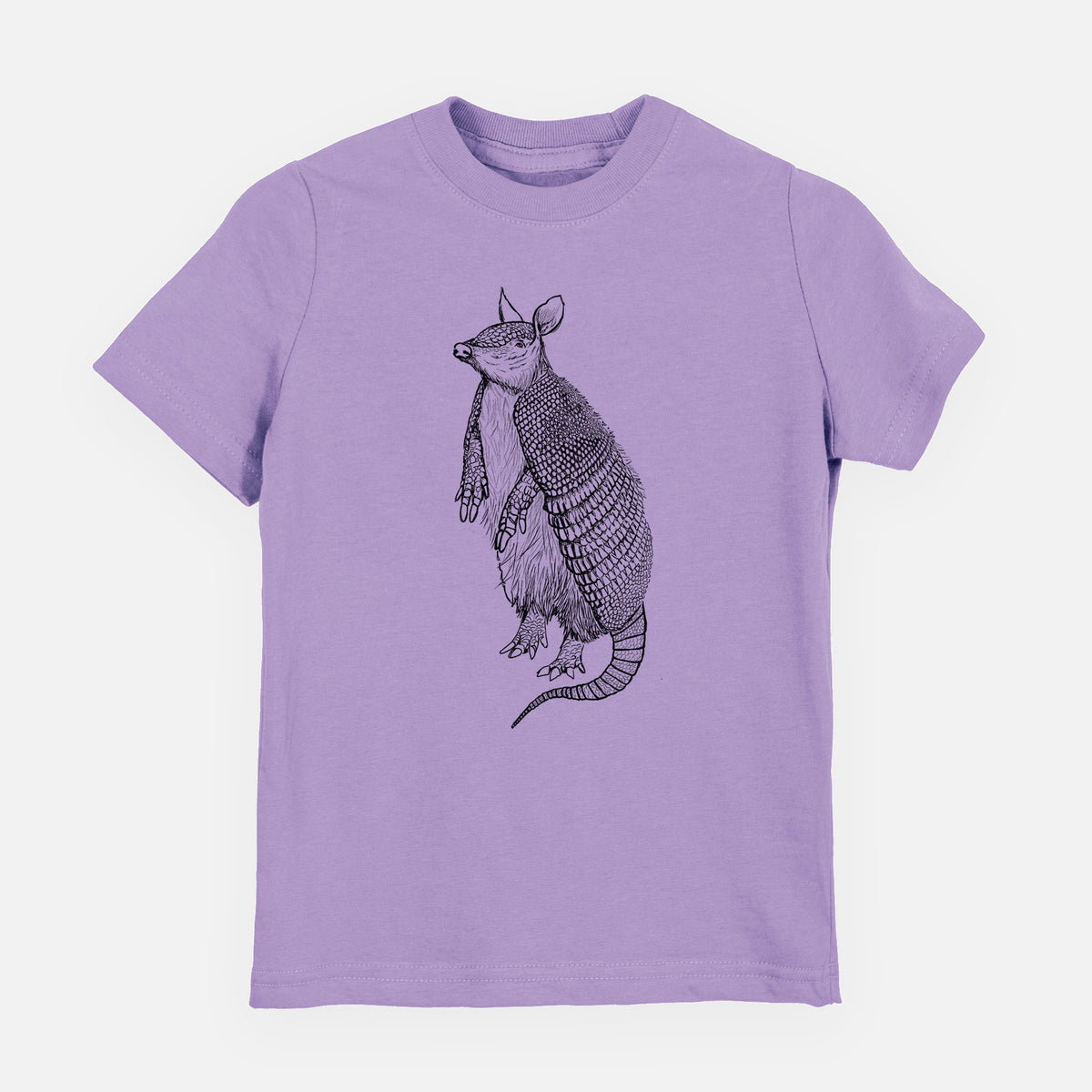 Lavender youth t-shirt laid flat, printed with a black ink illustration of a nine-banded armadillo standing upright.