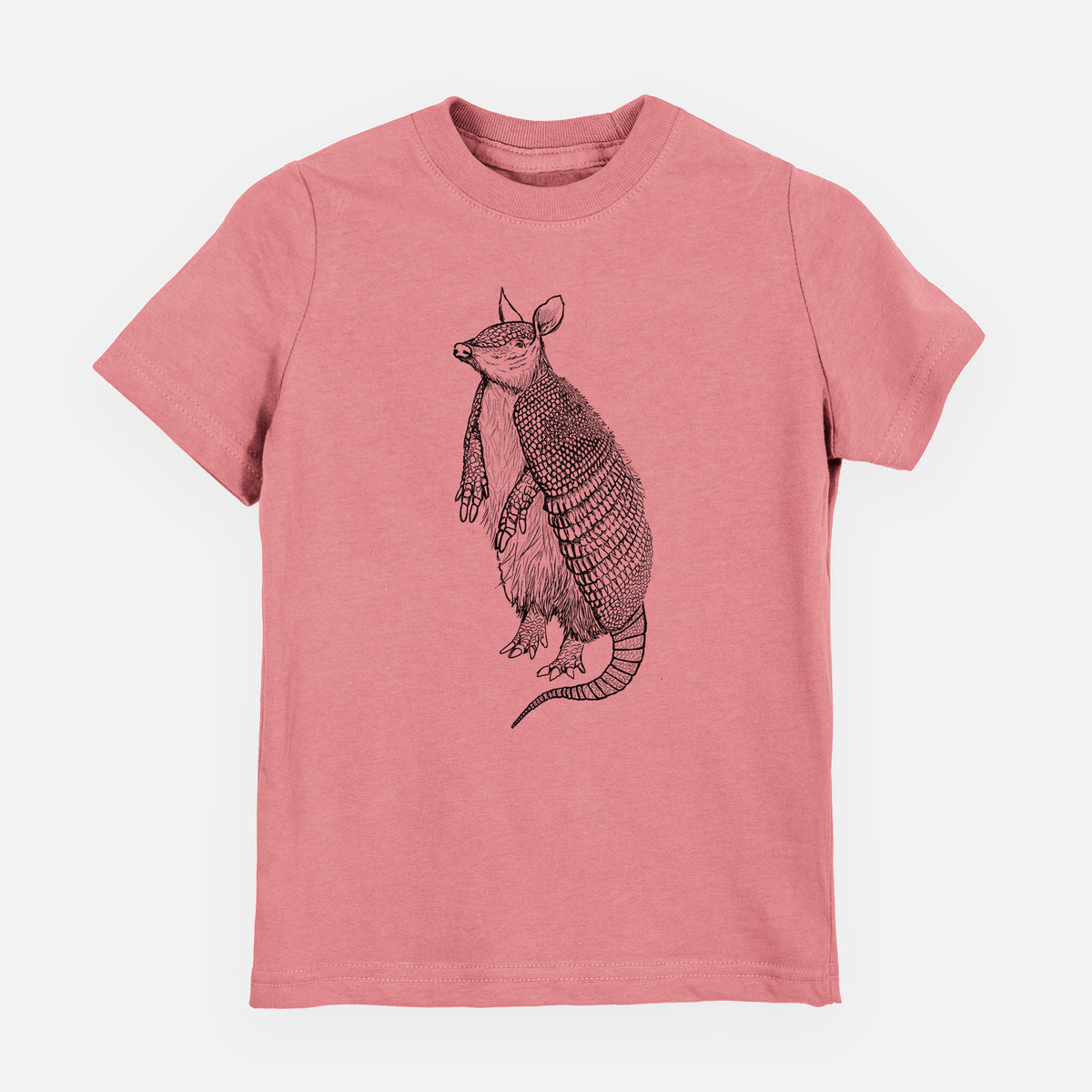 Mauve pink youth t-shirt laid flat, printed with a black ink illustration of a nine-banded armadillo standing upright.
