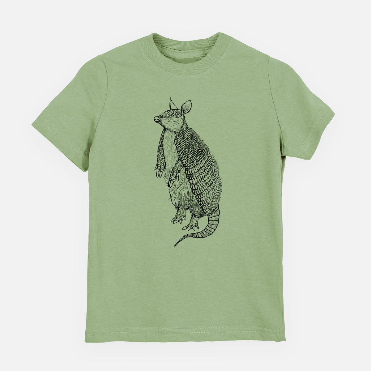 Sage green youth t-shirt laid flat, printed with a black ink illustration of a nine-banded armadillo standing upright.