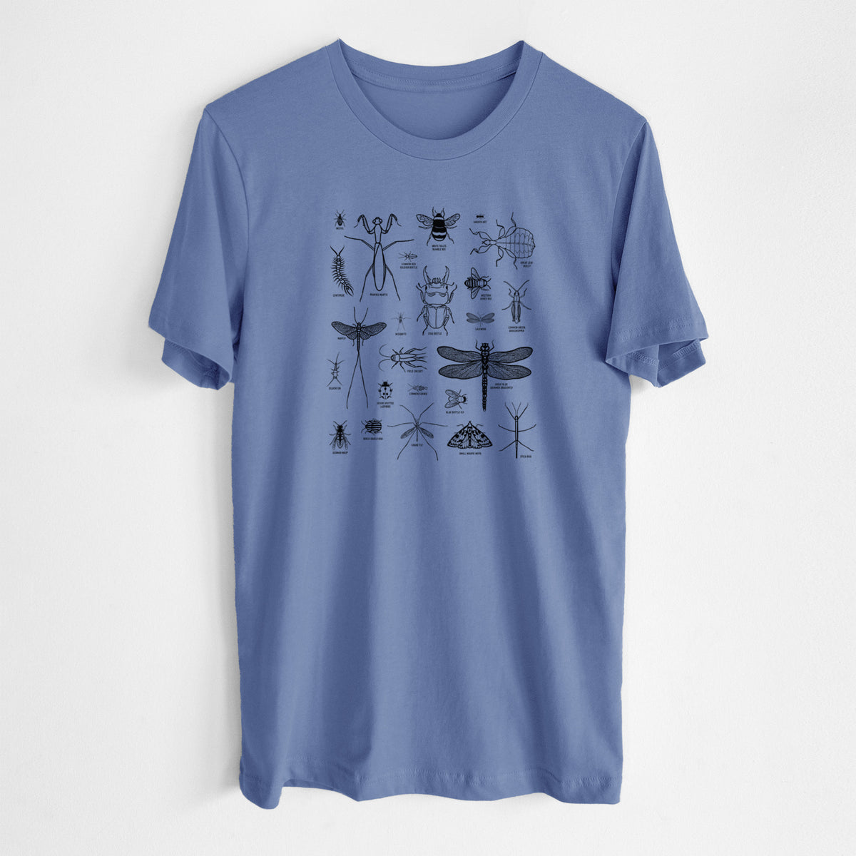 Blue bell lightweight cotton t-shirt laid flat, printed with a chart of black ink insect and arthropod illustrations, including dragonflies, beetles, spiders and bees.