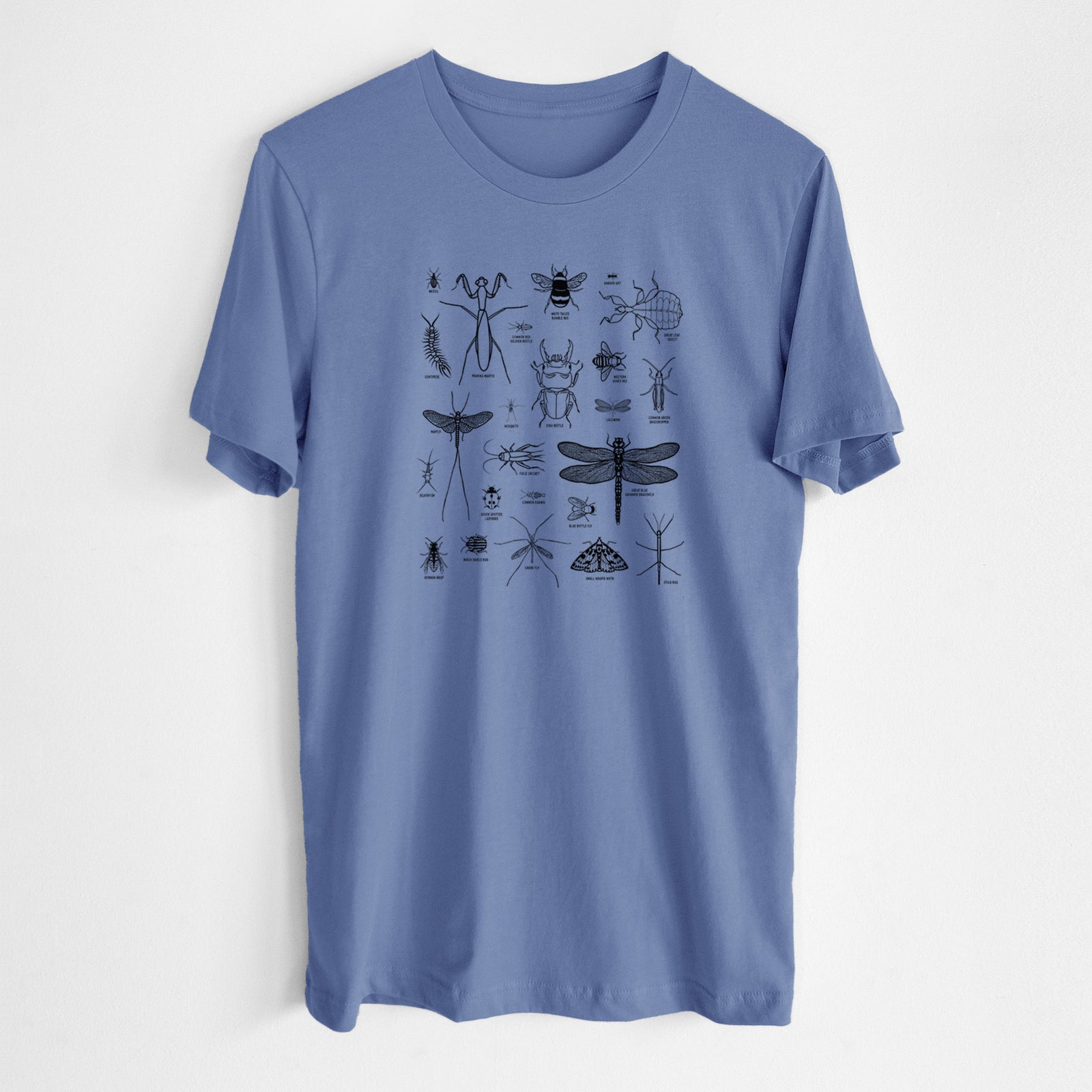 Vintage denim lightweight cotton t-shirt laid flat, printed with a chart of black ink insect and arthropod illustrations, including dragonflies, beetles, spiders and bees.