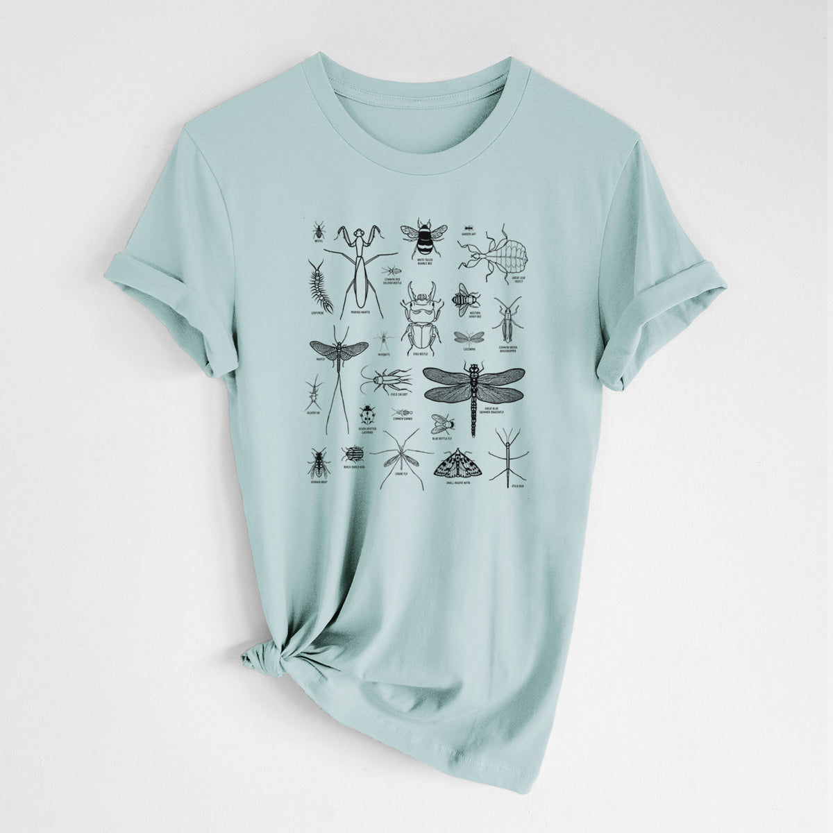 Dusty blue lightweight cotton t-shirt laid flat with the sleeves rolled, printed with a chart of black ink insect and arthropod illustrations, including dragonflies, beetles, spiders and bees.