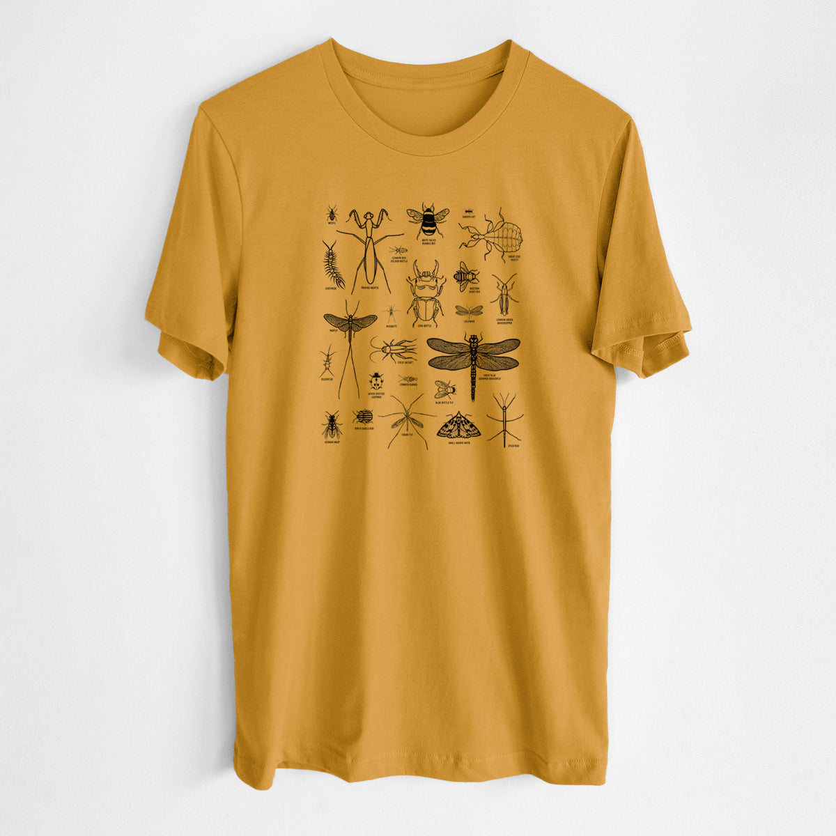 Honeycomb yellow lightweight cotton t-shirt laid flat, printed with a chart of black ink insect and arthropod illustrations, including dragonflies, beetles, spiders and bees.