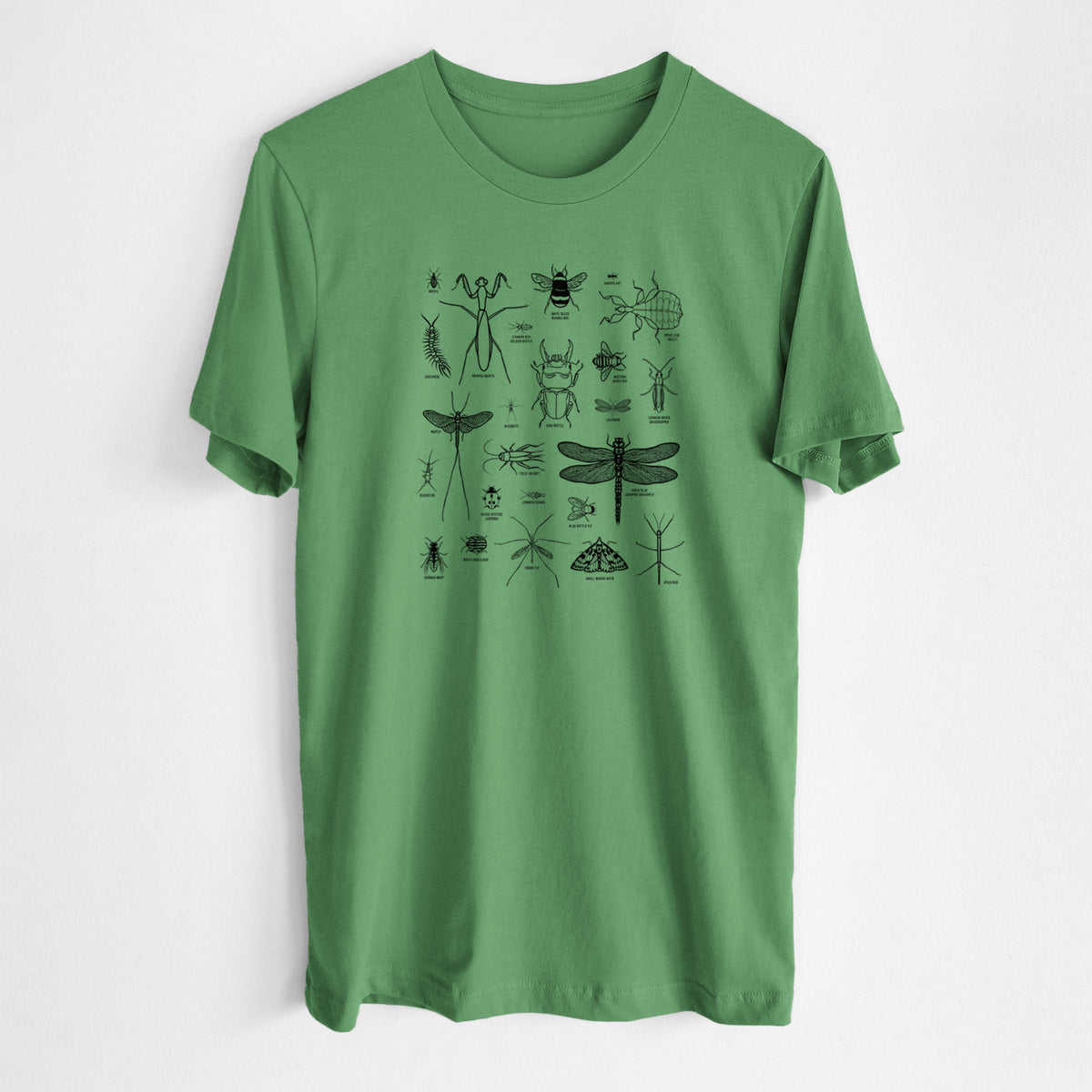 Leaf green lightweight cotton t-shirt laid flat, printed with a chart of black ink insect and arthropod illustrations, including dragonflies, beetles, spiders and bees.