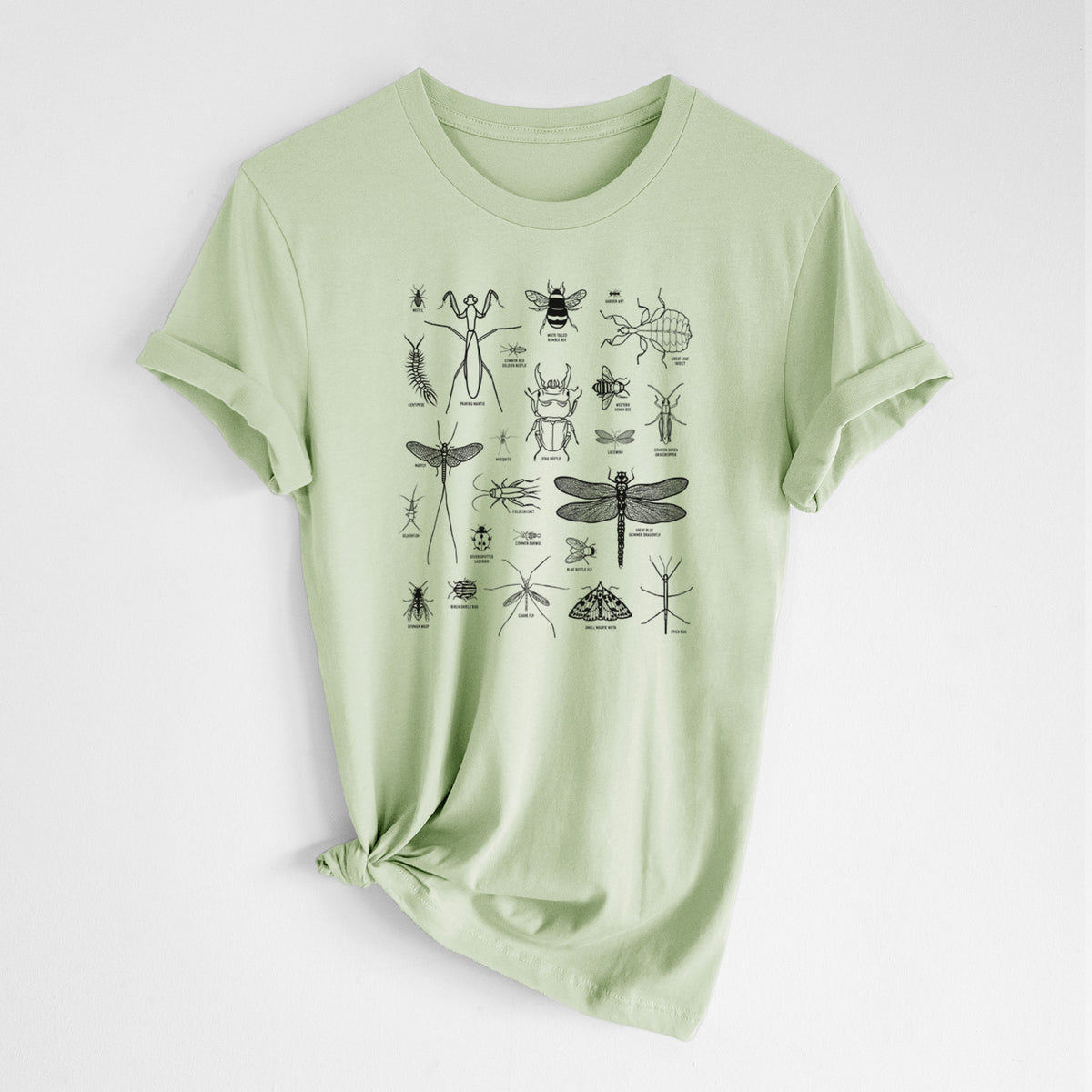 Spring green lightweight cotton t-shirt laid flat with the sleeves rolled, printed with a chart of black ink insect and arthropod illustrations, including dragonflies, beetles, spiders and bees.