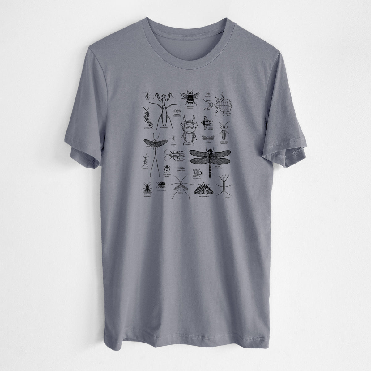 Storm grey lightweight cotton t-shirt laid flat, printed with a chart of black ink insect and arthropod illustrations, including dragonflies, beetles, spiders and bees.