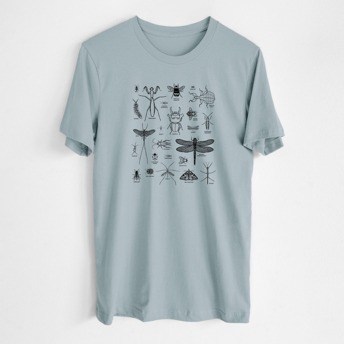 Vintage denim lightweight cotton t-shirt laid flat, printed with a chart of black ink insect and arthropod illustrations, including dragonflies, beetles, spiders and bees.
