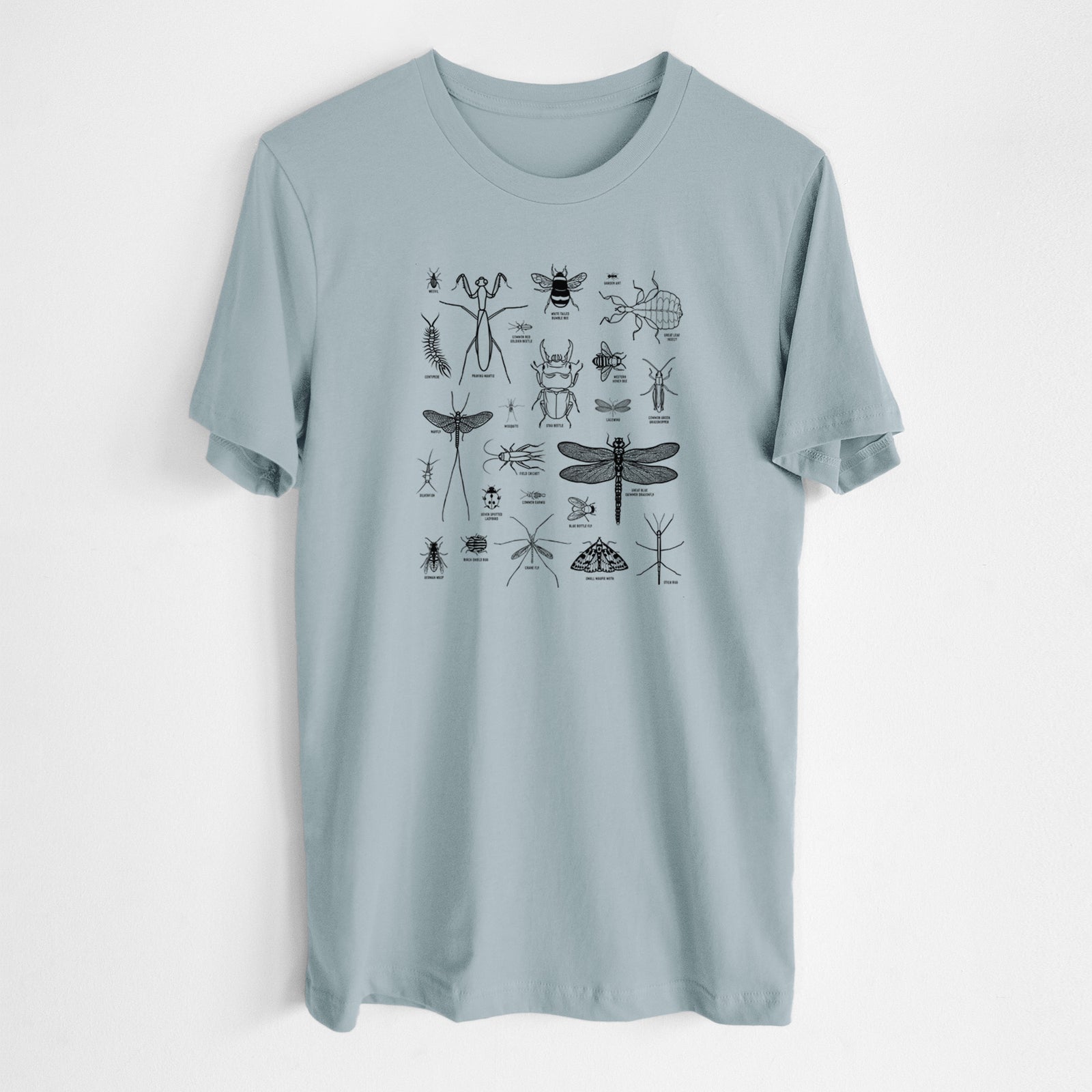 Vintage denim lightweight cotton t-shirt laid flat, printed with a chart of black ink insect and arthropod illustrations, including dragonflies, beetles, spiders and bees.
