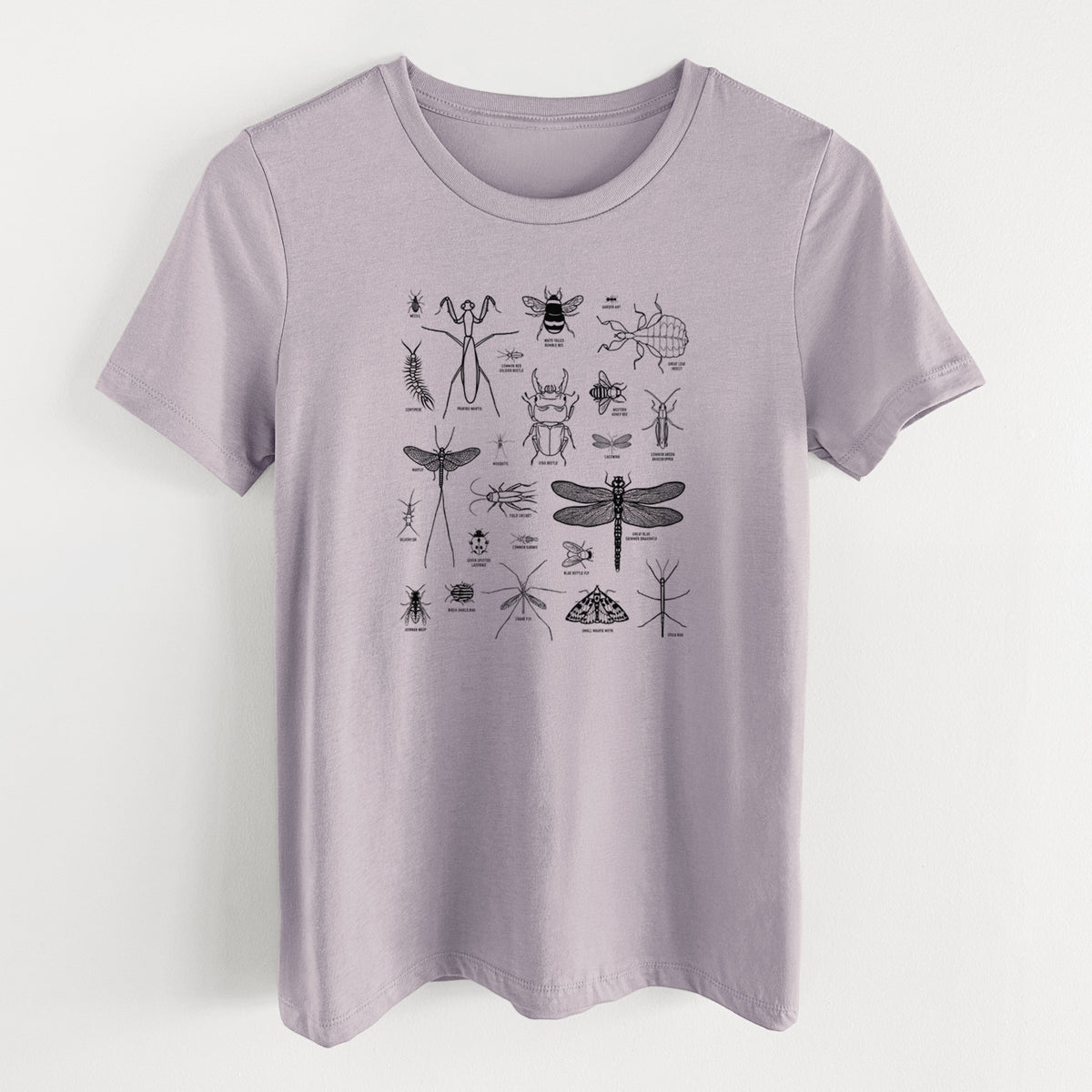 Light violet women's relaxed fit cotton t-shirt laid flat, printed with a chart of black ink insect and arthropod illustrations, including dragonflies, beetles, spiders and bees.